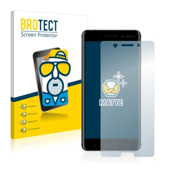 Front side of a product packaging with the brand logo BROTECT. Next to it is the device Nokia 6 2017 shown with the correspond