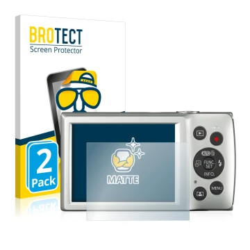 Front side of a product packaging with the brand logo BROTECT. Next to it is the device Canon Digital Ixus 185 shown with the 