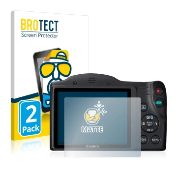 Front side of a product packaging with the brand logo BROTECT. Next to it is the device Canon PowerShot SX430 IS shown with th