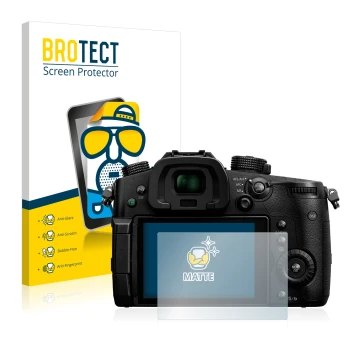 Front side of a product packaging with the brand logo BROTECT. Next to it is the device Panasonic Lumix DC-GH5 shown with the 