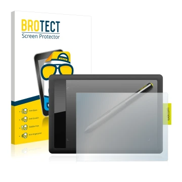 Front side of a product packaging with the brand logo BROTECT. Next to it is the device Wacom One s CTL-471 shown with the cor