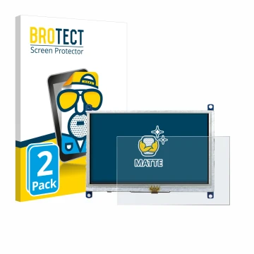 Front side of a product packaging with the brand logo BROTECT. Next to it is the device Raspberry Pi Touchscreen 5