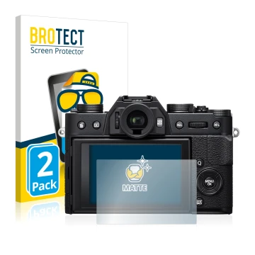 Front side of a product packaging with the brand logo BROTECT. Next to it is the device Fujifilm X-T20 shown with the correspo