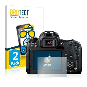 Front side of a product packaging with the brand logo BROTECT. Next to it is the device Canon EOS 77D shown with the correspon