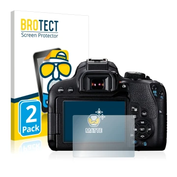 Front side of a product packaging with the brand logo BROTECT. Next to it is the device Canon EOS 800D shown with the correspo