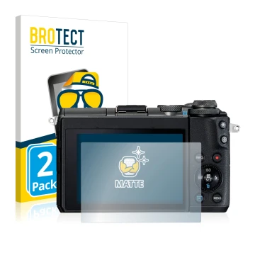 Front side of a product packaging with the brand logo BROTECT. Next to it is the device Canon EOS M6 shown with the correspond