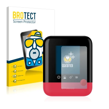 Front side of a product packaging with the brand logo BROTECT. Next to it is the device Polaroid Pop shown with the correspond