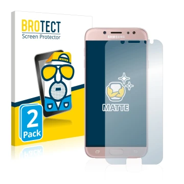 Front side of a product packaging with the brand logo BROTECT. Next to it is the device Samsung Galaxy J7 2017 shown with the 