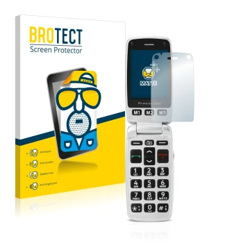 Front side of a product packaging with the brand logo BROTECT. Next to it is the device Doro Primo 413 shown with the correspo