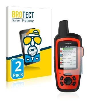 Front side of a product packaging with the brand logo BROTECT. Next to it is the device Garmin inReach Explorer+ shown with th