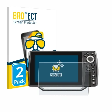 Front side of a product packaging with the brand logo BROTECT. Next to it is the device Humminbird Helix 7 shown with the corr