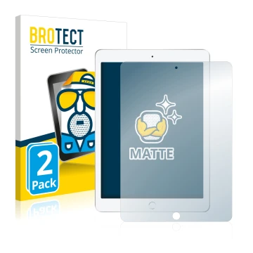 Front side of a product packaging with the brand logo BROTECT. Next to it is the device Apple iPad 9.7 2017 (5th. Gen.) shown 