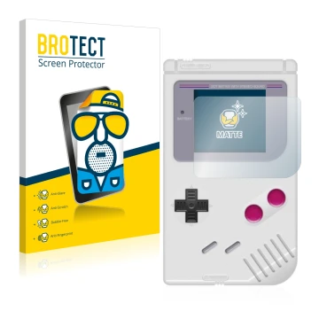 Front side of a product packaging with the brand logo BROTECT. Next to it is the device Nintendo Gameboy (1989) shown with the