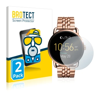 Front side of a product packaging with the brand logo BROTECT. Next to it is the device Fossil Q Wander shown with the corresp