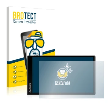 Front side of a product packaging with the brand logo BROTECT. Next to it is the device Garmin Camper 770 LMT-D shown with the