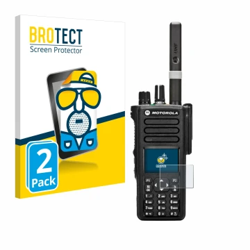Front side of a product packaging with the brand logo BROTECT. Next to it is the device Motorola DP4800 shown with the corresp