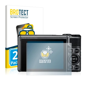 Front side of a product packaging with the brand logo BROTECT. Next to it is the device Canon PowerShot SX730 HS shown with th