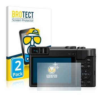 Front side of a product packaging with the brand logo BROTECT. Next to it is the device Panasonic Lumix DC-TZ91 shown with the
