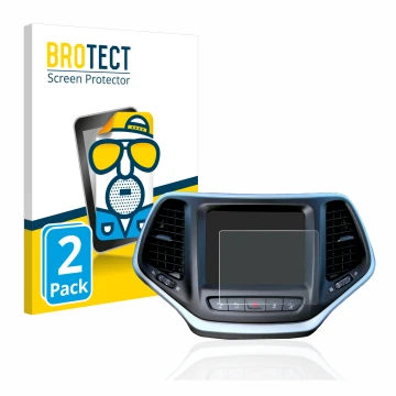 Front side of a product packaging with the brand logo BROTECT. Next to it is the device Jeep Cherokee Uconnect 8.4