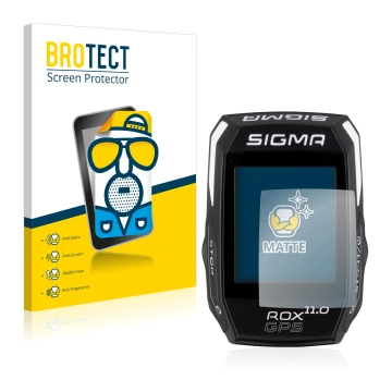 Front side of a product packaging with the brand logo BROTECT. Next to it is the device Sigma ROX GPS 11.0 shown with the corr