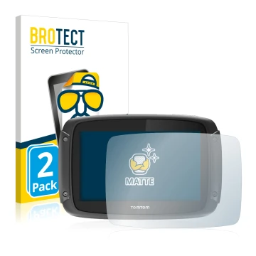 Front side of a product packaging with the brand logo BROTECT. Next to it is the device TomTom Rider 450 shown with the corres