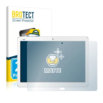 Front side of a product packaging with the brand logo BROTECT. Next to it is the device Huawei MediaPad M3 Lite 10.1 shown wit