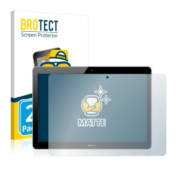 Front side of a product packaging with the brand logo BROTECT. Next to it is the device Huawei MediaPad T3 10 shown with the c