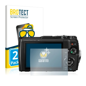 Front side of a product packaging with the brand logo BROTECT. Next to it is the device Olympus Tough TG-5 shown with the corr