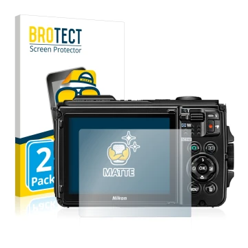 Front side of a product packaging with the brand logo BROTECT. Next to it is the device Nikon Coolpix W300 shown with the corr