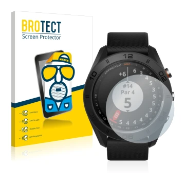 Front side of a product packaging with the brand logo BROTECT. Next to it is the device Garmin Approach S60 shown with the cor