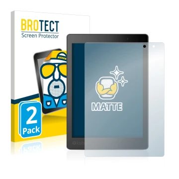 Front side of a product packaging with the brand logo BROTECT. Next to it is the device Kobo Aura One shown with the correspon