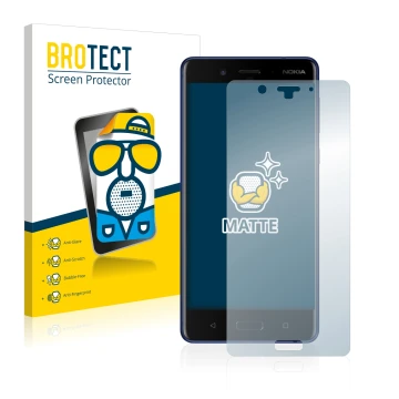 Front side of a product packaging with the brand logo BROTECT. Next to it is the device Nokia 8 shown with the corresponding s