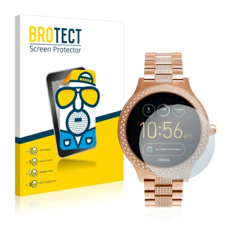Front side of a product packaging with the brand logo BROTECT. Next to it is the device Fossil Q Venture shown with the corres
