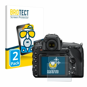 Front side of a product packaging with the brand logo BROTECT. Next to it is the device Nikon D850 shown with the correspondin