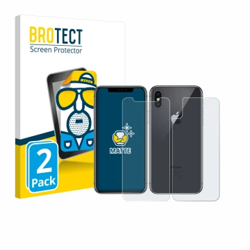 Front side of a product packaging with the brand logo BROTECT. Next to it is the device Apple iPhone X (Front+Back) shown with