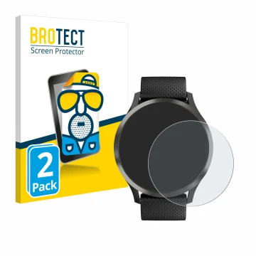 Front side of a product packaging with the brand logo BROTECT. Next to it is the device Garmin vivomove HR shown with the corr