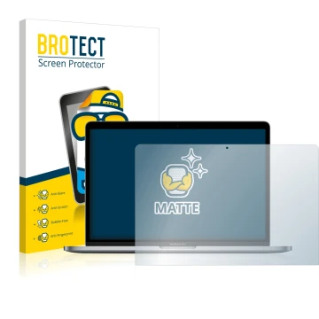 Front side of a product packaging with the brand logo BROTECT. Next to it is the device Apple MacBook Pro 13