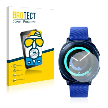 Front side of a product packaging with the brand logo BROTECT. Next to it is the device Samsung Gear Sport shown with the corr