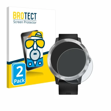 Front side of a product packaging with the brand logo BROTECT. Next to it is the device Garmin vivoactive 3 shown with the cor
