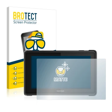 Front side of a product packaging with the brand logo BROTECT. Next to it is the device TomTom Pro 8275 Truck shown with the c
