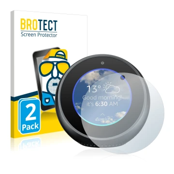 Front side of a product packaging with the brand logo BROTECT. Next to it is the device Amazon Echo Spot shown with the corres