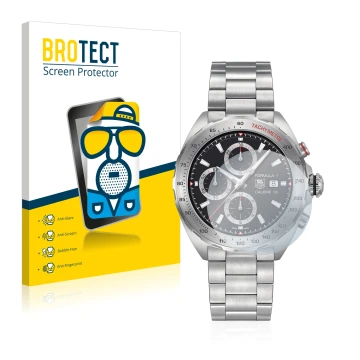 Front side of a product packaging with the brand logo BROTECT. Next to it is the device TAG Heuer Formula 1 (44 mm) shown with