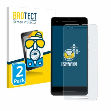 Front side of a product packaging with the brand logo BROTECT. Next to it is the device Google Pixel 2 shown with the correspo