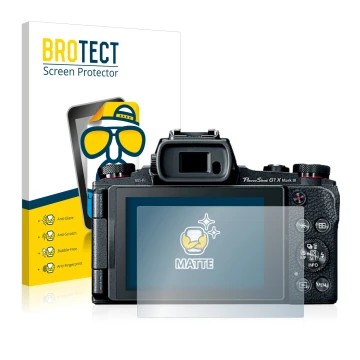 Front side of a product packaging with the brand logo BROTECT. Next to it is the device Canon PowerShot G1 X Mark III shown wi
