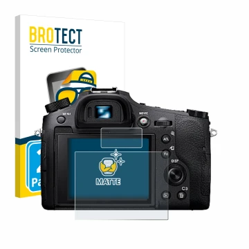 Front side of a product packaging with the brand logo BROTECT. Next to it is the device Sony Cyber-Shot DSC-RX10 IV shown with