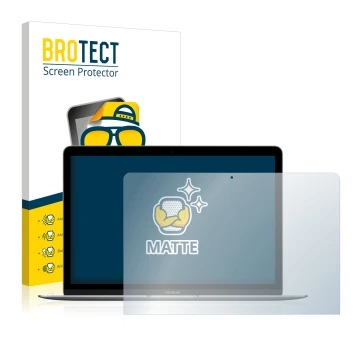 Front side of a product packaging with the brand logo BROTECT. Next to it is the device Apple MacBook Retina 12