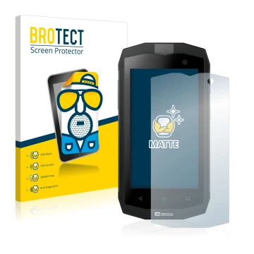 Front side of a product packaging with the brand logo BROTECT. Next to it is the device Crosscall Trekker M1 shown with the co
