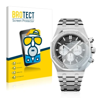 Front side of a product packaging with the brand logo BROTECT. Next to it is the device Audemars Piguet Royal Oak (41 mm) show