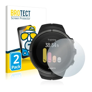 Front side of a product packaging with the brand logo BROTECT. Next to it is the device Suunto Spartan Ultra shown with the co