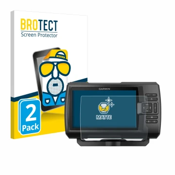 Front side of a product packaging with the brand logo BROTECT. Next to it is the device Garmin Striker Plus 5cv shown with the